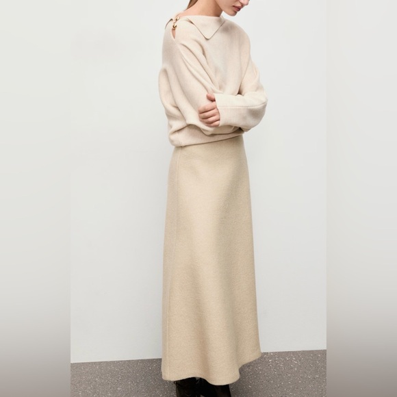 MANGO Beige A-Line Wool Skirt Sz M NWT Midi Long Ecru Off-white Ivory - Picture 2 of 6